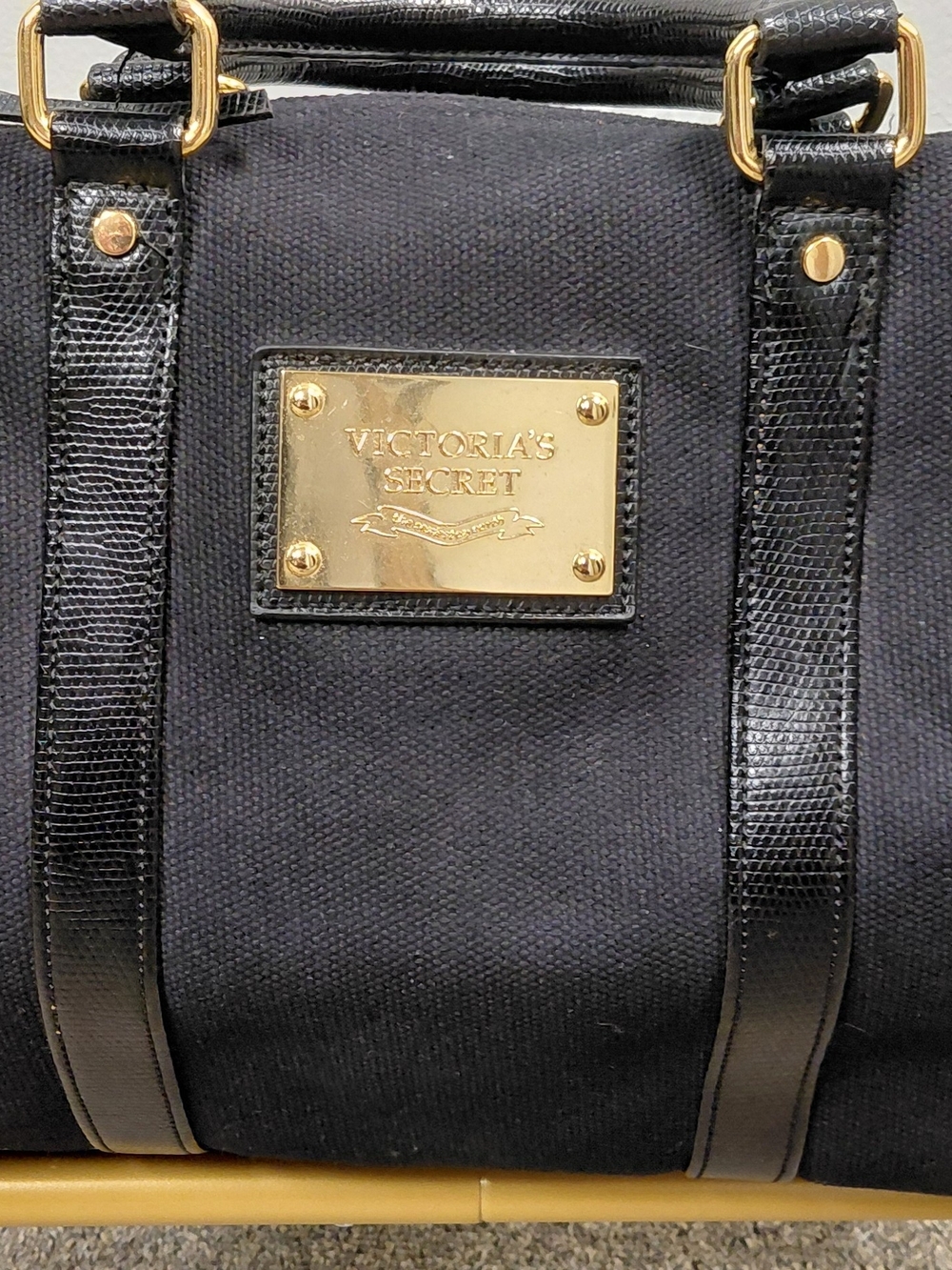 Victoria's Secret Black Canvas Duffel with Gold Hardware